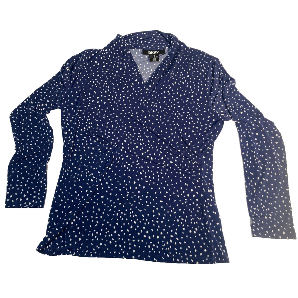 DKNY long-sleeve V-neck blouse blue white abstract polka-dot pattern L